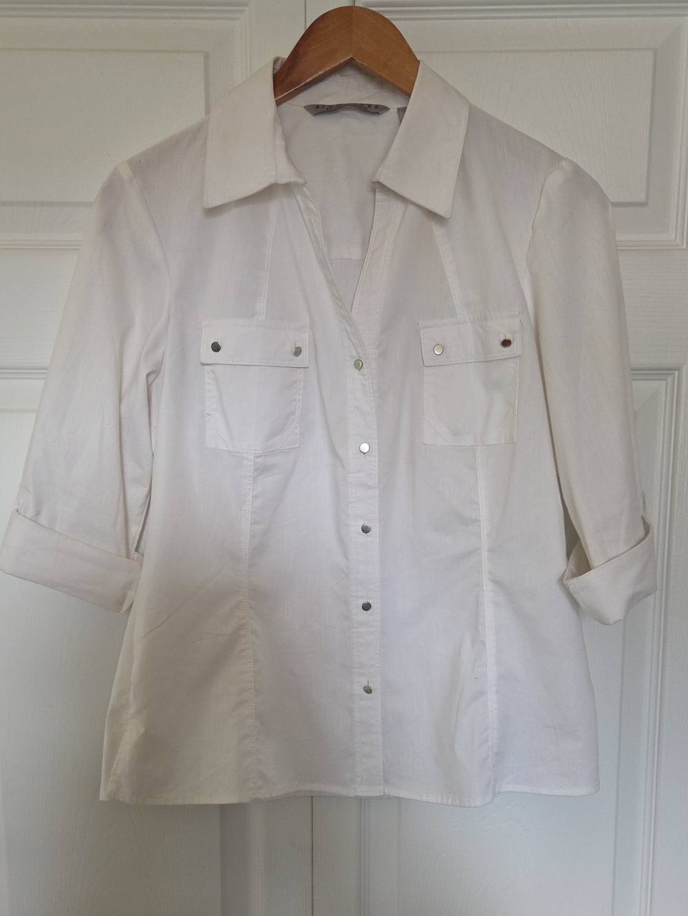 Larry Levine White Button-Front Shirt with Chest Pockets